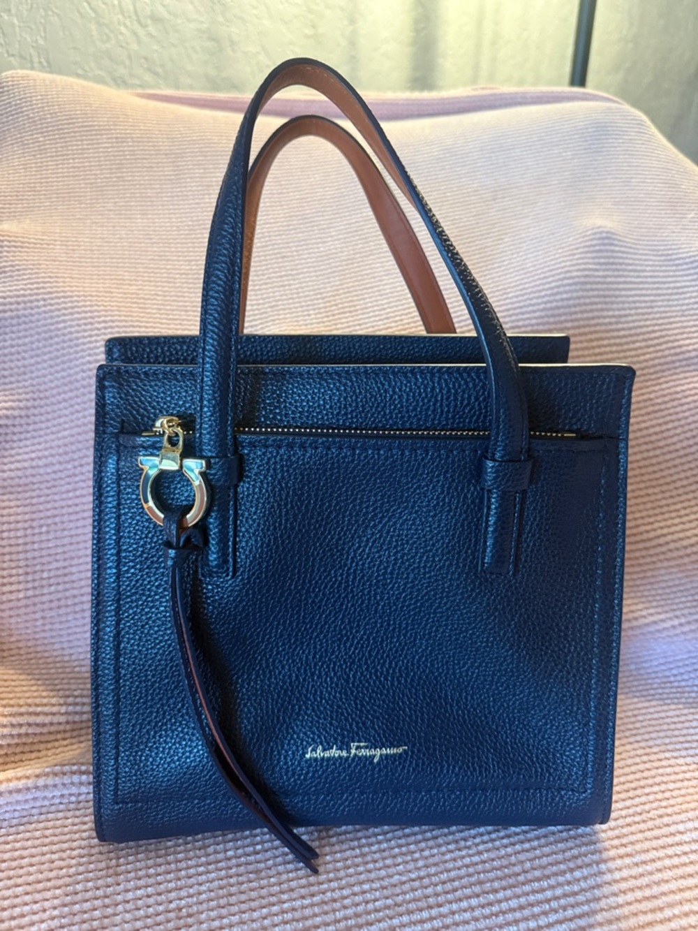 Salvatore Ferragamo Navy Pebbled Leather Satchel with Gold Hardware